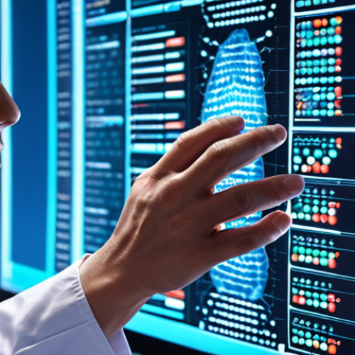 Home 4 **A doctor examining a patient's DNA sequence on a holographic display, with various medical data points visualized around them. The scene emphasizes personalized medicine and the use of technology in healthcare.**