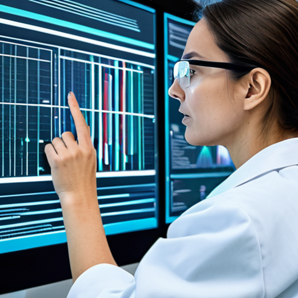 A professional, female geneticist, fully clothed in a modest lab coat and safety glasses, meticulously analyzing complex genomic data on a large, futuristic holographic display in a clean, state-of-the-art research laboratory. The scene highlights advanced bioinformatics and AI integration in precision medicine. The subject maintains a professional and focused expression. Perfect anatomy, correct proportions, natural pose, well-formed hands, proper finger count, natural body proportions. High-resolution, professional photography, bright lighting, safe for work, appropriate content, family-friendly.