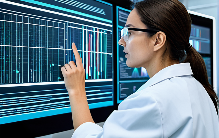 A professional, female geneticist, fully clothed in a modest lab coat and safety glasses, meticulously analyzing complex genomic data on a large, futuristic holographic display in a clean, state-of-the-art research laboratory. The scene highlights advanced bioinformatics and AI integration in precision medicine. The subject maintains a professional and focused expression. Perfect anatomy, correct proportions, natural pose, well-formed hands, proper finger count, natural body proportions. High-resolution, professional photography, bright lighting, safe for work, appropriate content, family-friendly.