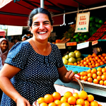 **

A vibrant scene in a bustling Barcelona marketplace. A friendly, fully clothed woman with a warm smile, wearing a colorful, modest Spanish dress, is selling fresh produce from her stall. Children are laughing as they choose oranges. The background includes market stalls overflowing with fruits, vegetables, and flowers.  Safe for work, appropriate content, family-friendly, professional photography, natural proportions, well-formed hands, proper finger count.

**