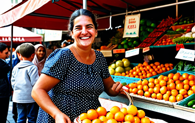 **
A vibrant scene in a bustling Barcelona marketplace. A friendly, fully clothed woman with a warm smile, wearing a colorful, modest Spanish dress, is selling fresh produce from her stall. Children are laughing as they choose oranges. The background includes market stalls overflowing with fruits, vegetables, and flowers. Safe for work, appropriate content, family-friendly, professional photography, natural proportions, well-formed hands, proper finger count.
**