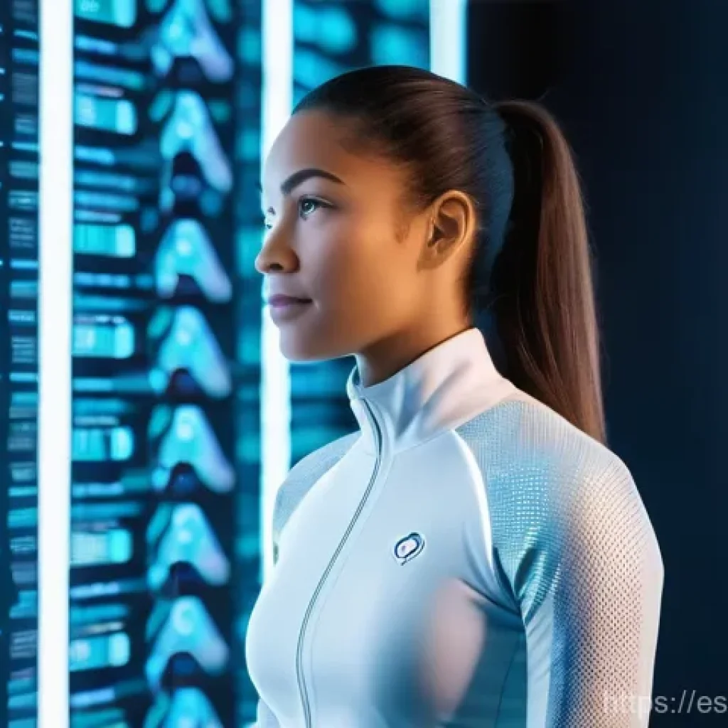정밀 의학의 표준화 문제 - A brightly lit, futuristic medical clinic focused on personalized wellness. A young woman, dressed i...