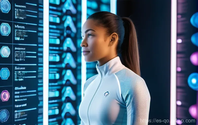 정밀 의학의 표준화 문제 - A brightly lit, futuristic medical clinic focused on personalized wellness. A young woman, dressed i...