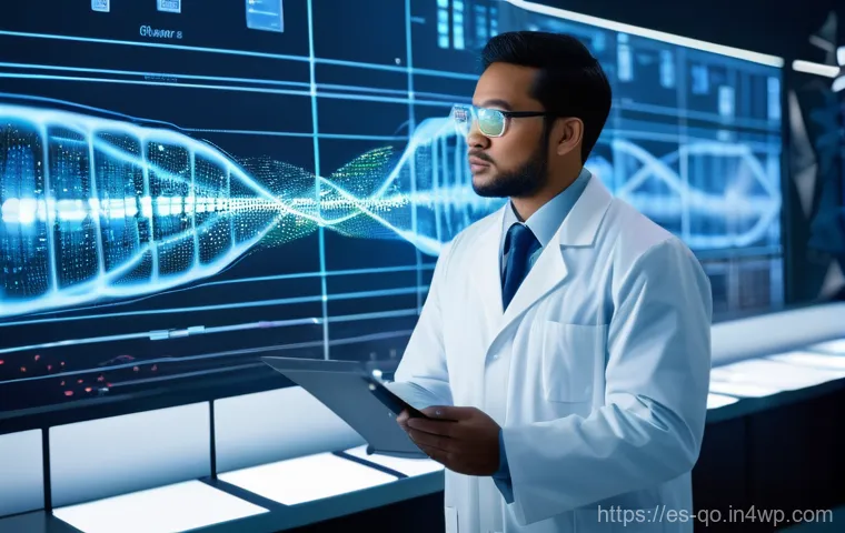 정밀 의학의 환자 맞춤형 치료법 - **Prompt:** A diverse, professional scientist, wearing a white lab coat, stands in a brightly lit, f...