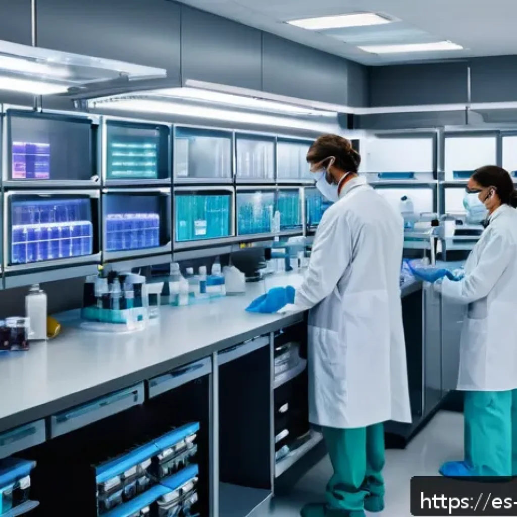 정밀 의학을 위한 유전자 편집 기술 - A modern clinical laboratory setting in a Spanish-speaking country, showing a diverse team of scient...