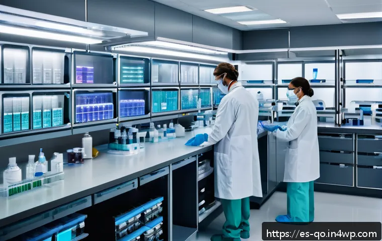 정밀 의학을 위한 유전자 편집 기술 - A modern clinical laboratory setting in a Spanish-speaking country, showing a diverse team of scient...