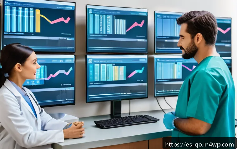 정밀 의학의 환자정보 관리 시스템 - A modern clinical data center showcasing advanced technology: a diverse group of healthcare professi...